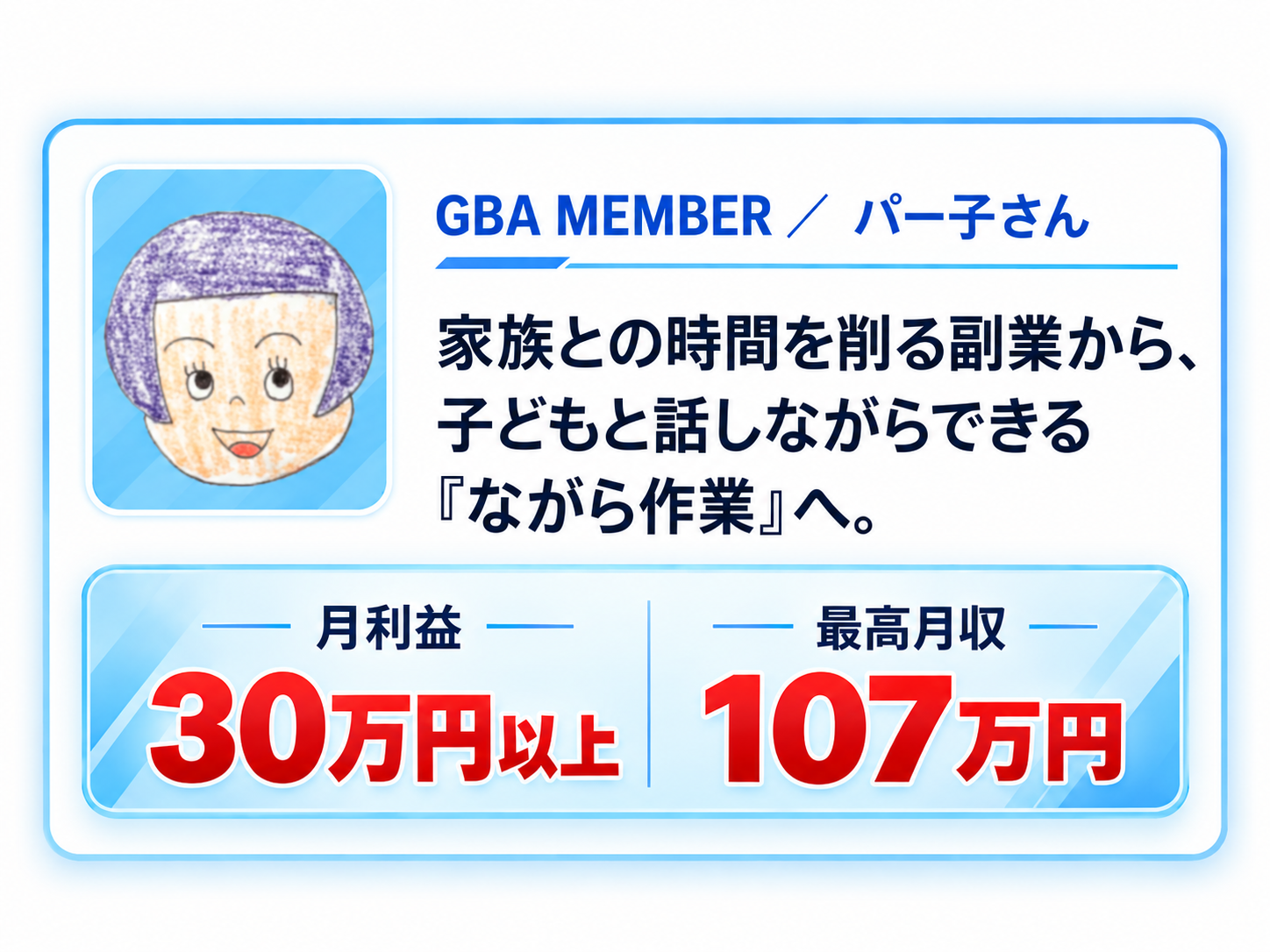 GBA MEMBER パー子さん 月利益30万円以上 最高月収107万円